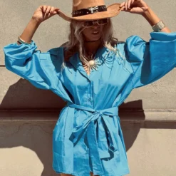 Bornladies Women's Shirt Dress 2026 Summer New Casual Loose Three-quarter Length Lantern Sleeve Lace-up Shirt Dress