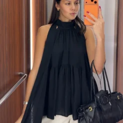 2026 spring and summer new black halter neck vest female loose off-shoulder ribbon long sleeveless top