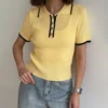 Bornladies 2026 New Spring Summer Polo Collar Knitted T-shirt Patchwork Color Slim Fit Pit Strip Short Sleeve Top Casual