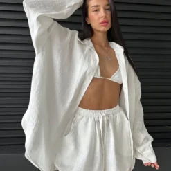 Bornladies Solid Color Shirt Shorts Set 2026 Summer New Home Wear Casual Cardigan Shorts Two-piece Set