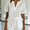 Bornladies The 2026 Summer Casual Pure White Shorts Set Includes A Home-style V-neck Short-sleeved Drawstring Elastic Shorts