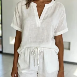 Bornladies The 2026 Summer Casual Pure White Shorts Set Includes A Home-style V-neck Short-sleeved Drawstring Elastic Shorts