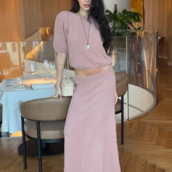 Bornladies Mid Sleeve Knitted Set 2026 Spring Summer New Short Top High Waist Long Half Skirt Two Piece Set