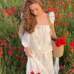 2026 Summer New Flying Sleeve Halter Suit Square Neck Ruffled Backless Drawstring Top High Waist Skirt Two-piece French Suit