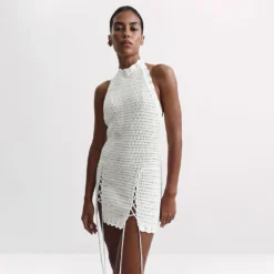 2026 Spring Summer New Knitted Hanging Neck Short Skirt Hook Weaving Hollow Strap Backless Fork Slim Knitted Short Skirt