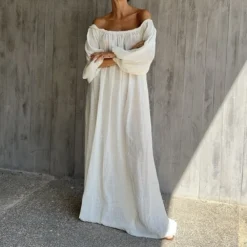 Bornladies 2026 Spring Summer New One Shoulder Long Sleeve Floor Length Dress Loose Fashionable Lazy Holiday Beach Style Dress