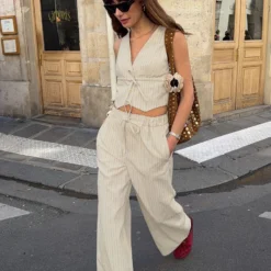 Bornladies 2026 Spring Summer New Striped Vest Pants Set Design Sense Strap Vest Straight Leg Pants Set