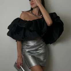 Bornladies 2026 Spring/Summer New Style Elegant Sister Design Sense One Shoulder Lotus Leaf Edge Ultra Short Off Shoulder Shirt