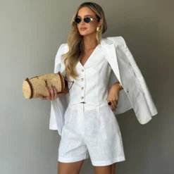 Bornladies 2026 Spring Summer New Suit Vest Shorts Three Piece Set Temperament Office Lady Professional White Pure Cotton Set