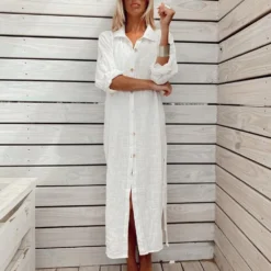 2026 Spring Summer New Shirt Dress Sun proof Cardigan Design Loose Breathability Long Skirt Holiday Beach Wear 100% cotton.