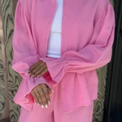 Bornladies 2026 New Women‘s Long Sleeved Wide Leg Pants Set Cardigan Lantern Sleeve Top Pants Pure Cotton Set Casual Fashion