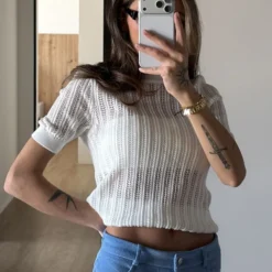 Bornladies Hollow Short Knit Top Spring/Summer 2026 New Round Neck Short Sleeve Slim Spice Sweater