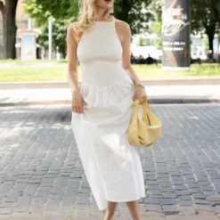 Bornladies 2026 Spring Summer New Style Hanging Neck Sleeveless Knitted Patchwork Slimming Waist Long Dress for Women