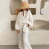 2026 Summer New Long-Sleeve Shirt Set Stand Collar Lace-up Lantern Sleeves Wide-leg Pants Two-piece Set Lazy Holiday Wear
