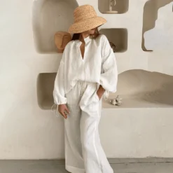 2026 Summer New Long-Sleeve Shirt Set Stand Collar Lace-up Lantern Sleeves Wide-leg Pants Two-piece Set Lazy Holiday Wear