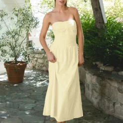 Bornladies 2026 Summer New Women Resort Style French-style Strapless Dress with Gathered Waist and Pleated Long Skirt