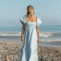 Bornladies 2026 Summer New Square Neck Dress Puff Sleeve Waist-Cinching Beach Resort Seaside Wear