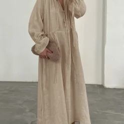 Bornladies 2026 Spring and Summer Loose Long-Sleeve Pleated Lace-Up Flare-Sleeve Slouchy Comfortable Long Dress