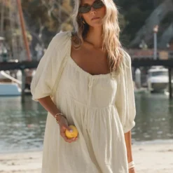 Bornladies 2026 Spring Summer New Style Square-Neck Short Dress for Girls Beach Vacation Five-Inch Puff Sleeve Short Dress