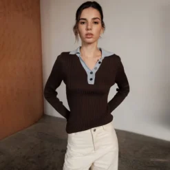 Bornladies 2026 Autumn Winter New Collar Pit Strip Knitted Shirt Splicing Slim Fit Long Sleeve Top Casual Classical
