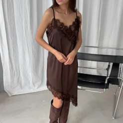 Bornladies 2026 Spring Summer New Women’s Lace Strap Dress V-neck Lace Splicing Satin Backless Irregular Dress Sexy Elegant