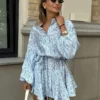 Bornladies 2026 Spring Summer New Blue and White Floral Shirt Dress Women's Waist-Cinching Lantern Sleeve Short Printed Dress